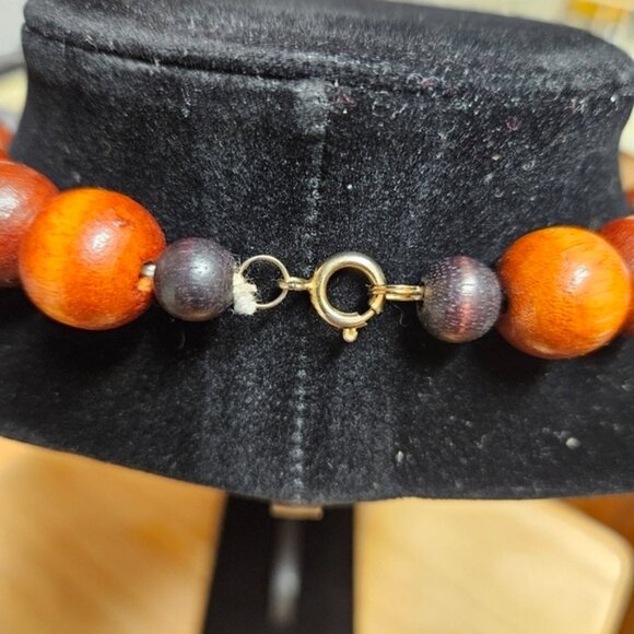 Vintage 80s Chunky Wood Orange Beads and Black Disc Necklace - Picture 2 of 5